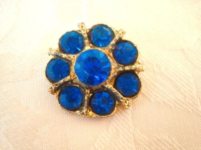 Vintage Gold Tone Pot Metal Flower Button With Blue Rhinestones 1 1/4 In. JK - Image 1 of 3