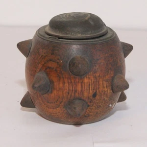 Novelty Inkwell SEA MINE / MACE HEAD Oak with Metal Spiked Studs 3" - Picture 1 of 7