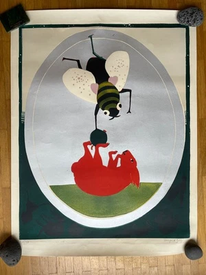 Ingrid Jörg, Farblinolschnitt, ¨Biene und Hase¨, signiert, EX. 20/50 - Bild 1 von 3
