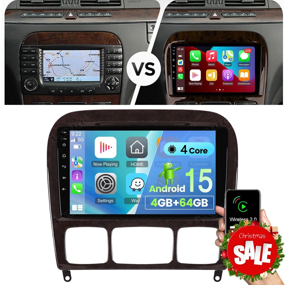 4+64GB For Mercedes Benz S500 W220 1998-2005 Android 15 Car Stereo Radio CarPlay - Image 1 of 4