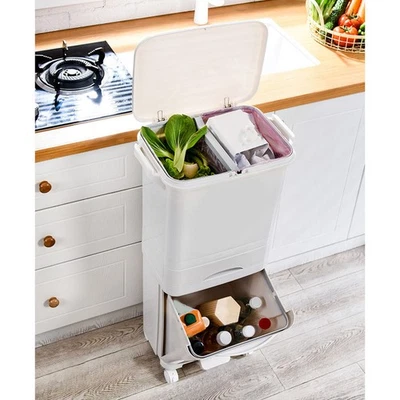 Kitchen Trash Can Triple Compartment Step On Garbage Bin Waste Separation - Image 1 of 4