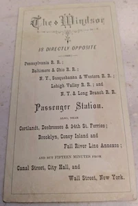 *RARE* VICTORIAN  CARD THE WINDSOR DIRECTLY OPPOSITE R.R. PASSENGER STATIONS NYC - Picture 1 of 2