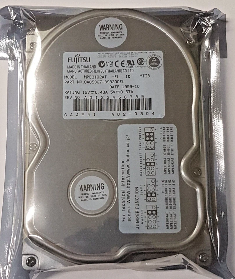 10.2 GB Ide Fujitsu MPE3102AT P-Ata Ultra Ata/66 5.4K 512KB 3.5 " Hard Drive New - Image 1 of 1