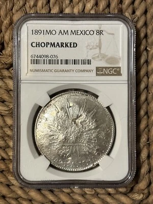 Tapa de moneda de plata de 8 reales de México 1891 lun AM y marcas de corte de rayos Foto 1 de 2
