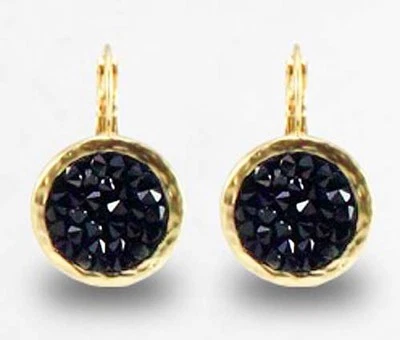 Круглые серьги-подвески из желтого золота 24 карата с черными хрустальными камнями - Изображение 1 из 4