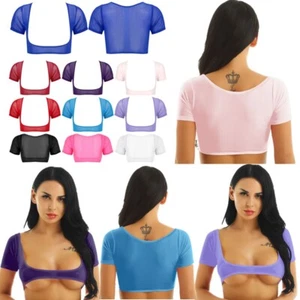 UK Women's Crop Top Bolero See Through Mesh Short Sleeve Sexy T-shirt Undershirt - Picture 1 of 89