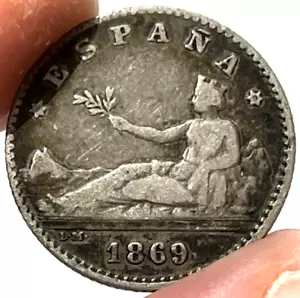 1869 SN MS Silver Spain 50 Centimos Provisional Coin Madrid Mint Condition Fine - Picture 1 of 2
