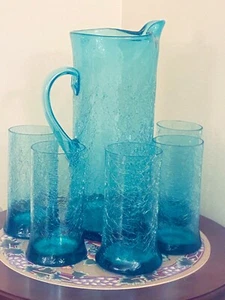 Beautiful Kanawha Waterfall Aqua Blue Crackle Glass Blue Pitcher and glasses(5) - Picture 1 of 4