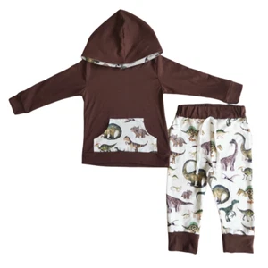 Boys Brown Dinosaur Hoodie Set Outfit - Picture 1 of 1