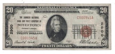 U.S. (Boyertown, PA) - Series of 1929 $20.00 National Currency Banknote - Image 1 of 2
