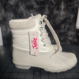 Justice Gray White Duck Boots Sz 3/5 Lace Up Winter Lined Boot - Picture 1 of 9