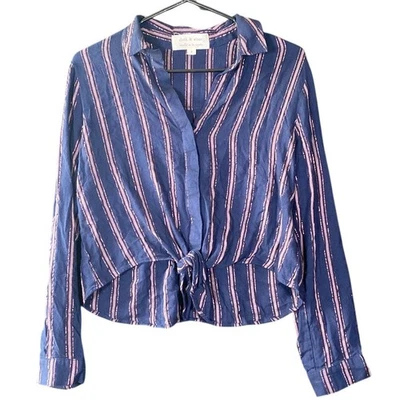 Camisa de mujer Cloth & Stone azul marrón a rayas cuello abotonado elástico pequeña Foto 1 de 4