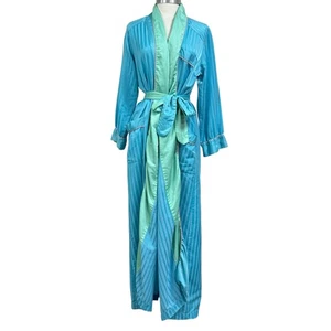 Vintage 70s Fernando Sanchez Aqua & Mint Satin Striped Robe Small - Picture 1 of 10