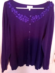 FASHION BUG Long Sleeve Purple w Tonal Trim Round Neck Cotton Blend Cardigan 2X - Picture 1 of 6