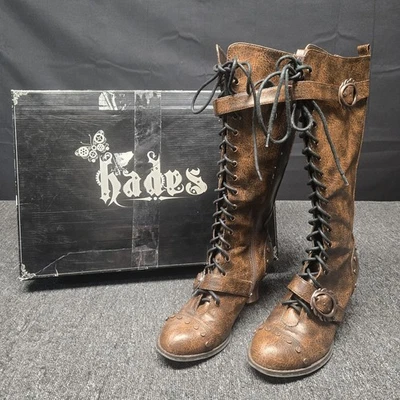 Hades 复古棕色蒸汽朋克靴女式 10 素食皮革 3/4 及膝 — 第 1/4 张图片