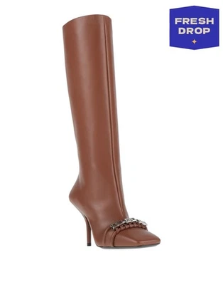 RRP€1445 GIVENCHY Leather Knee High Boots US7 UK4 EU37 Brown Logo Made in Italy - Image 1 of 4