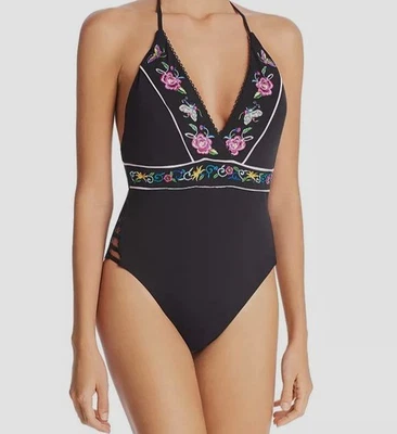 Maiô feminino Nanette Lepore bordado floral preto peça única tamanho 10 - Imagem 1 de 2