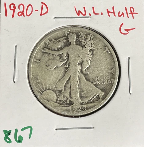 1920 D 50c Walking Liberty Half Dollar G Good Condition 90% Silver Cover