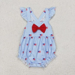 Sibling Embroidery Baby Girls Red Flags 4th of July Bows Rompers Outfits Sets - Picture 1 of 12
