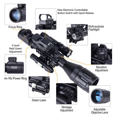 4-16x50 EG Rifle Scope W.Holographic 4 Reticle HD Red Dot Sight & Green Laser US - Image 1 of 4