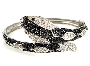 Sterling Silver Cuff Bracelet Snake Hinged Bangle Pave Black White Serpent Cobra - Picture 1 of 10