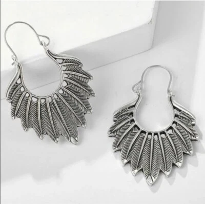 Silver Feather Earring, Feather Hoop Earring, Feather Drop Earrings - Image 1 of 4