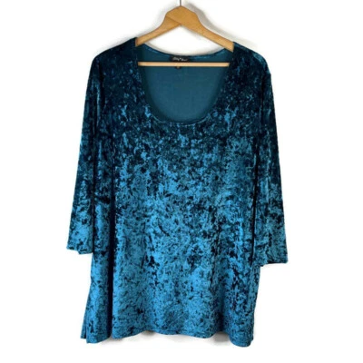Slinky Brand Womens Tunic Top Size 2X Blue Velvet Scoop Neck Slits 3/4 Sleeve - Image 1 of 4