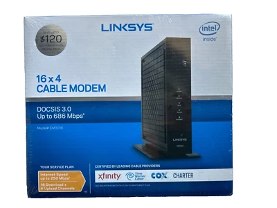 LINKSYS Cable Modem 16x4 Bonded Channels DOCSIS 3.0 Black CM3016 NEW - Image 1 of 4
