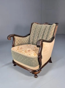 Antique Mahogany Shell Back Cream And Green Armchair Floral Pattern EB9531 VCLO - Picture 1 of 19