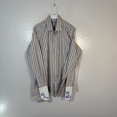 Robert Graham Shirt Mens Large Blue Yellow Striped Paisley Contrast Cuff Cotton - Image 1 of 4