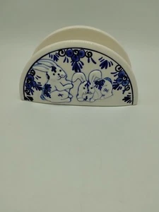 Delft Blue Hand painted Bunny Napkin Holder Vintage Porcelain - Picture 1 of 10