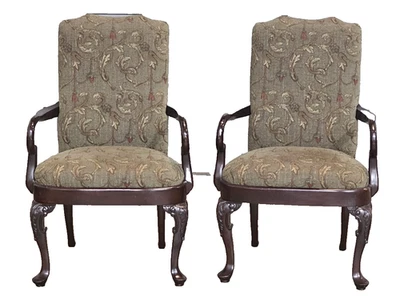 Pair of Henredon Mahogany Open Arm Chairs Queen Anne Style Designer Fabric - Image 1 of 4