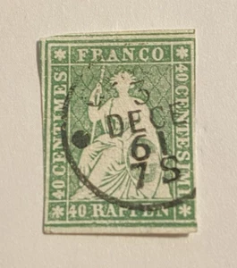 Switzerland Sc #29 Imperforate 40 Rappen Green - Used - Catalog $120 - Picture 1 of 2