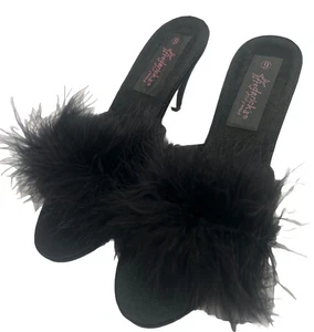 VTG Fredericks of Hollywood Marabou Black Feather Satin Boudoir Heel Sz 9 NIB - Picture 1 of 8