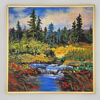 Original Impressionist Landscape Oil Painting Forest Stream Mountain River Art - Image 1 of 4