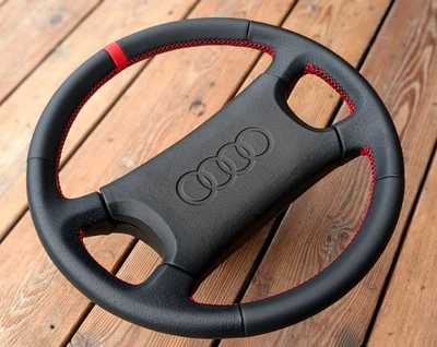 NEW LEATHER Steering Wheel for Audi 80 90 100 200 B3 B4 S2 C3 Black Red Stripes - Image 1 of 4