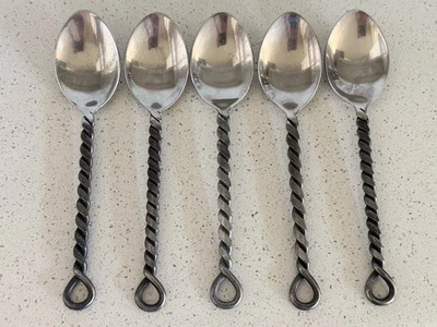Set of 5 Pottery Barn PBN6 Stainless Oval Soup Spoons Twisted Handle 8 1/8” - Image 1 of 4