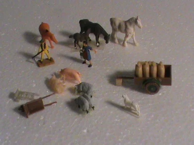 lot figurines HO PREISER/ CAMPAGNE REMORQUE CHEVAUXX CHIEN COCHONS BROUETTE/OCC - Photo 1/4