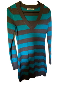 NEW CICEE  Striped Teal Grey Ladies Long Sleeved V Neck Tunic Dress S 8 Comfort - Picture 1 of 9