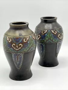 Antique 2 Japanese Cloisonne Scholars Vases Turquoise Bronze Enamel Edo 18th C - Picture 1 of 24