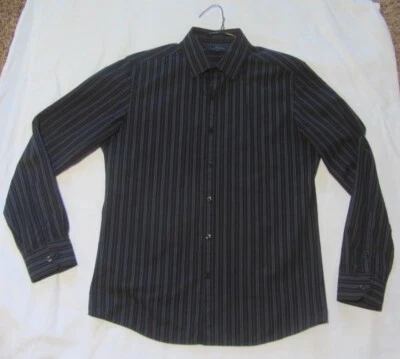 Camisa Marc Anthony Para Hombre NEGRA Púrpura Rayas Abotonada Talla Med CALCE CEÑIDO Algodón Foto 1 de 4