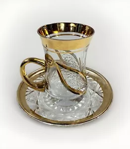 Vintage Tea Cup Glass Crsytal Saucer Set Gold Gilt Safak Cam Made In Turkey 70s - Picture 1 of 6