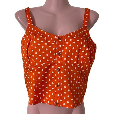 FOREVER 21 Crop Top Women's Large Orange Polka Dot Shirred Back NEW w Tag - Image 1 of 3