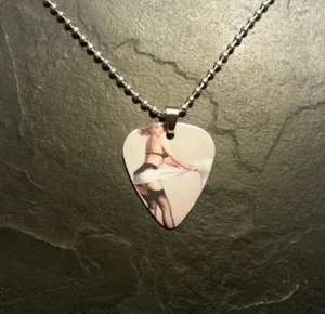 Pin Up Girl Vintage Retro Guitar Pick Dog Tag Style Necklace Pendant Charm Gift - Picture 1 of 2
