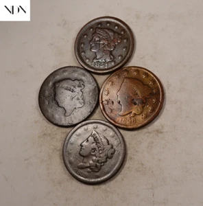 1817+1826+1839+1851 Coronet Head + Braided Hair Large Cent Lot- 4 Coin Set#LCL86 - Imagen 1 de 3