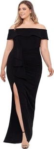 Vestido de crepé Xscape negro acanalado fuera del hombro talla 20W $259 - Imagen 1 de 3