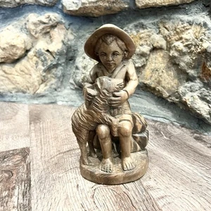 Vintage Holzschnitzerei Junge Kind mit Hund 8,5" Handarbeit Geschenk Tierliebhaber - Bild 1 von 5