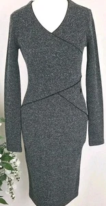 Armani Jeans Grey Stretch Knit Bodycon Dress Small V Neck Long Sleeve Workwear - Picture 1 of 9