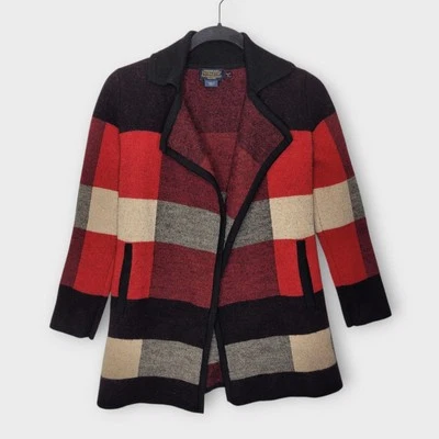 Pendleton Merino Cardigan Sweater XS Petite Red Black Check Plaid - Image 1 of 4