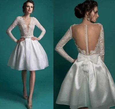Elegant Short Wedding Dresses V-Neck Backless Bow Beaded Knee Length Bridal Gown - Image 1 of 4